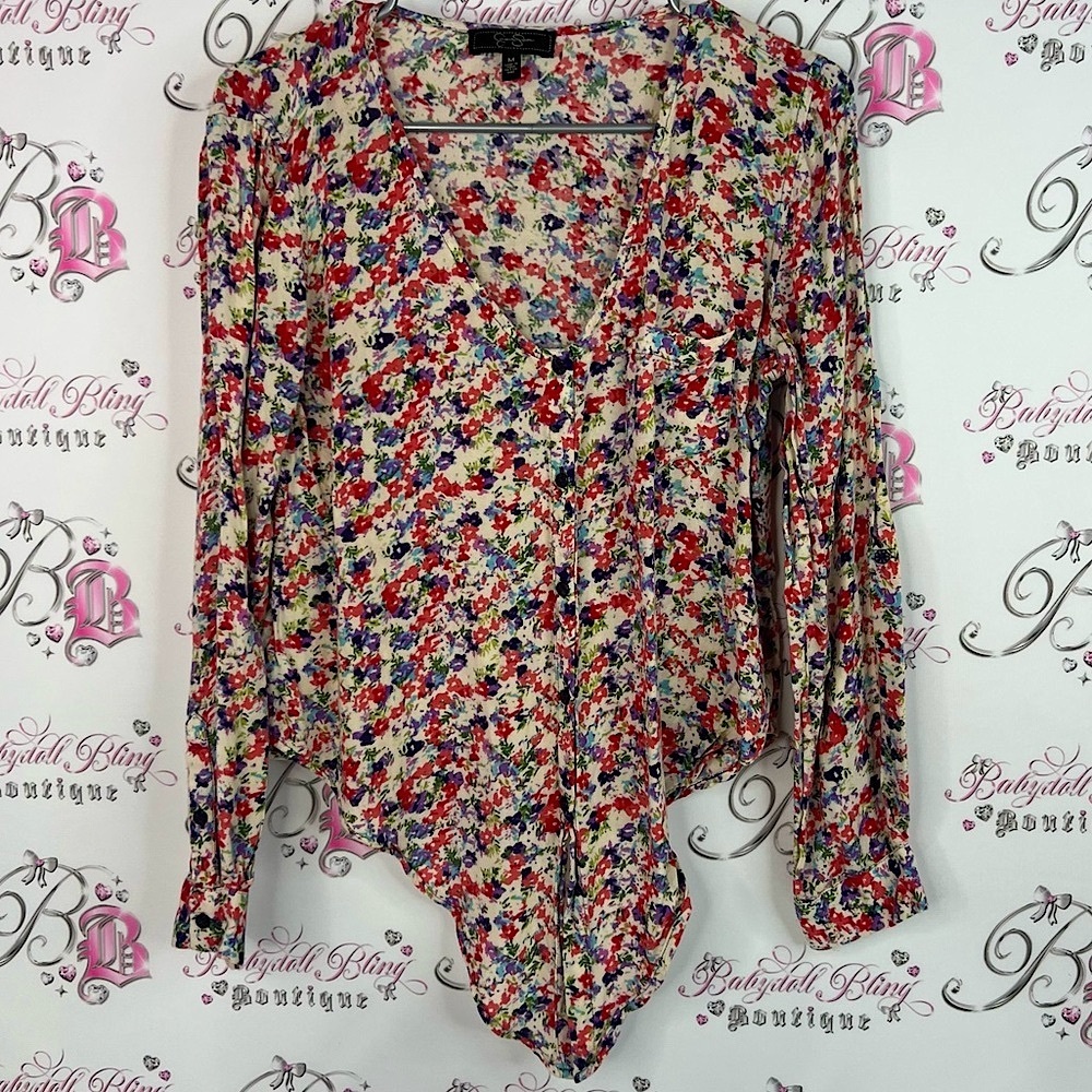 Jessica Simpson blouse long sleeve flowers tie up bottomMulticolor Floral Blouse